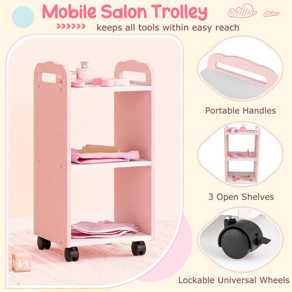 Kids Hair Salon Play Set with LED Lighted Mirror Wooden Pretend Hair Salon Station