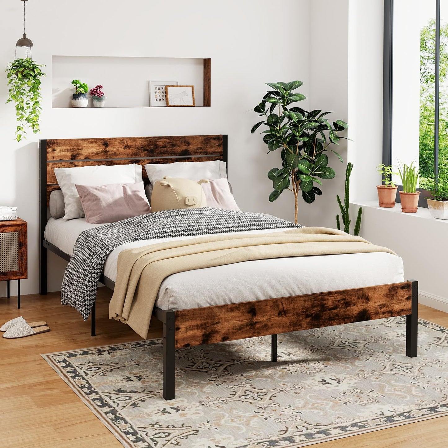 4FT6 Industrial Metal Platform Bed Frame with Wood Headboard & Underbed Storage