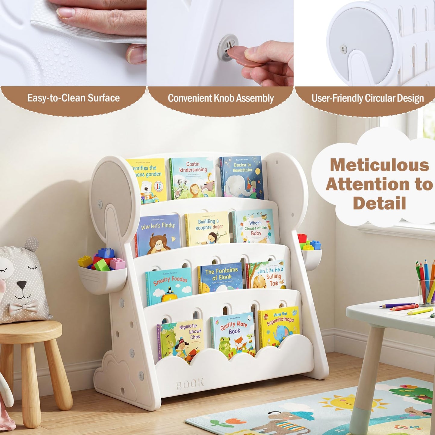 4-Tier Kids Bookshelf with Side Storage Boxes and Reversible Bottom Shelf
