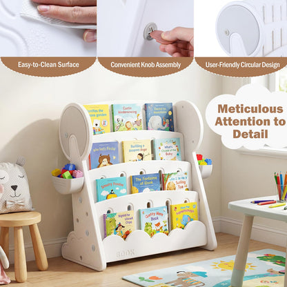 4-Tier Kids Bookshelf with Side Storage Boxes and Reversible Bottom Shelf