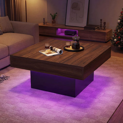 LED Coffee Table, 90x90cm Square Cocktail Center Table with 20-Color RGB LED Lights