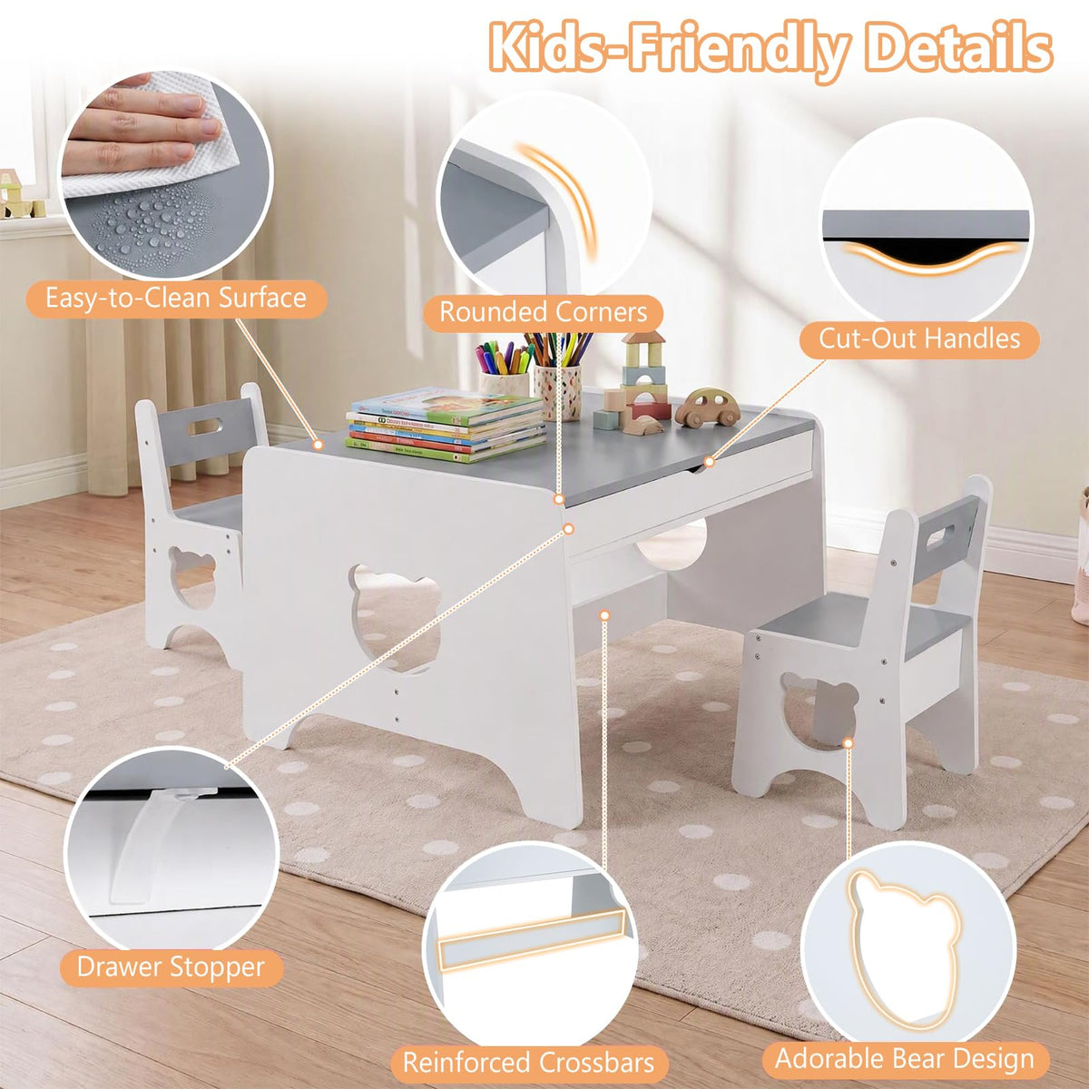 Kids Table and Chair Set, Wooden Children Activity Table