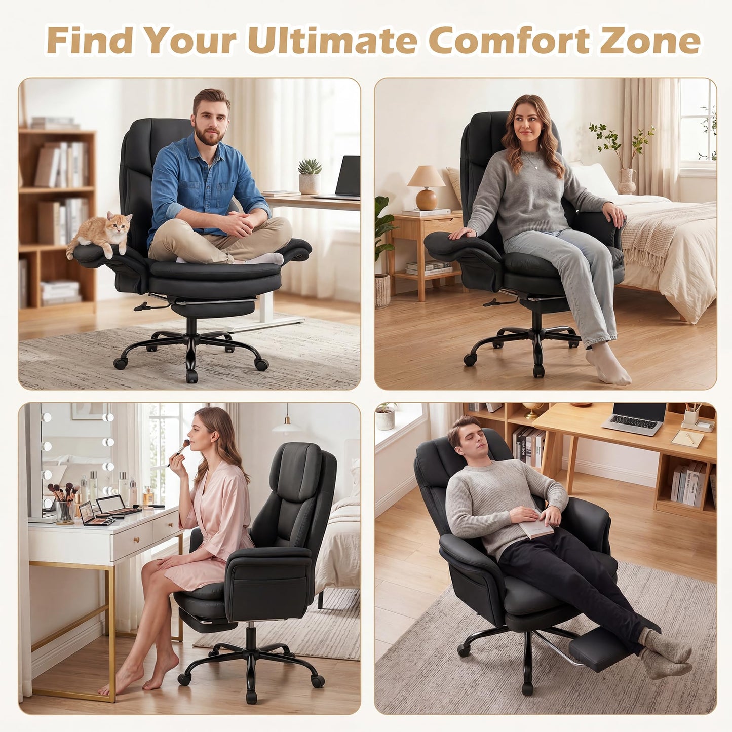 Ergonomic Cross Legged Office Chair with Retractable Footrest Adjustable Armrests for Home Office