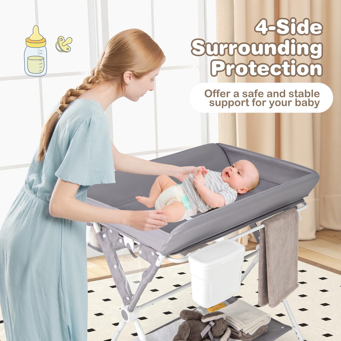 Baby Changing Table Foldable Infant Care Station with Wheels & Trash Can