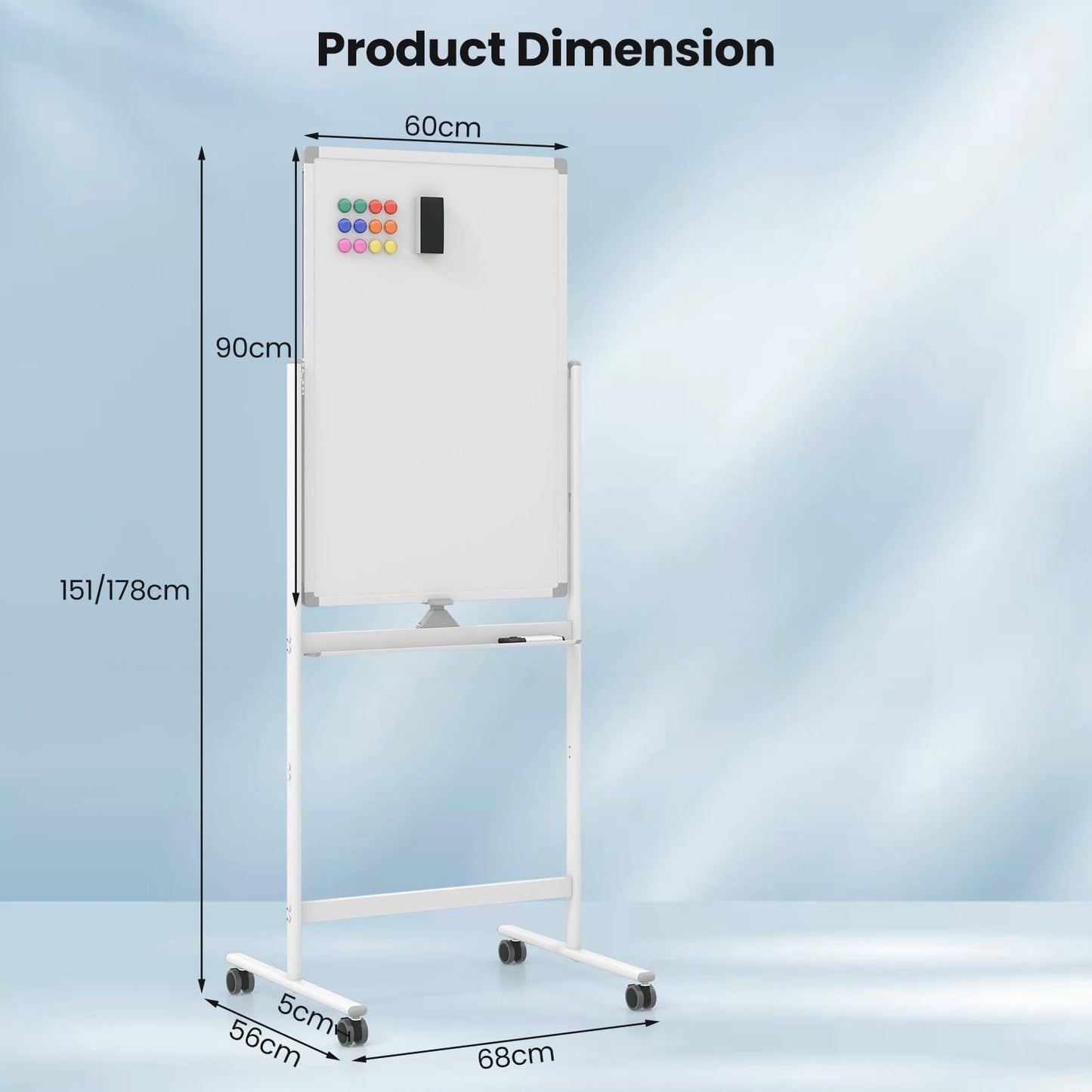 Double Sided Magnetic Whiteboard, Height Adjustable Mobile Dry Erase Board with Black Markers (90 x 60cm)