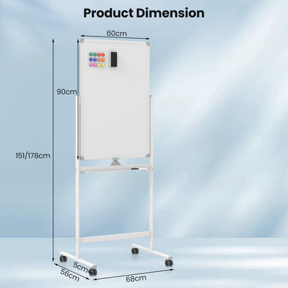 Double Sided Magnetic Whiteboard, Height Adjustable Mobile Dry Erase Board with Black Markers (90 x 60cm)