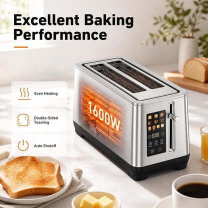 Stainless Steel Toaster with 6 Browning Levels and 4 Bread Types