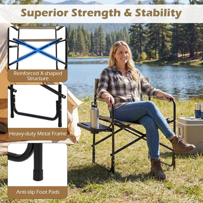 Folding Directors Chair, Oversized Camping Chairs with Side Table and Cup Holder