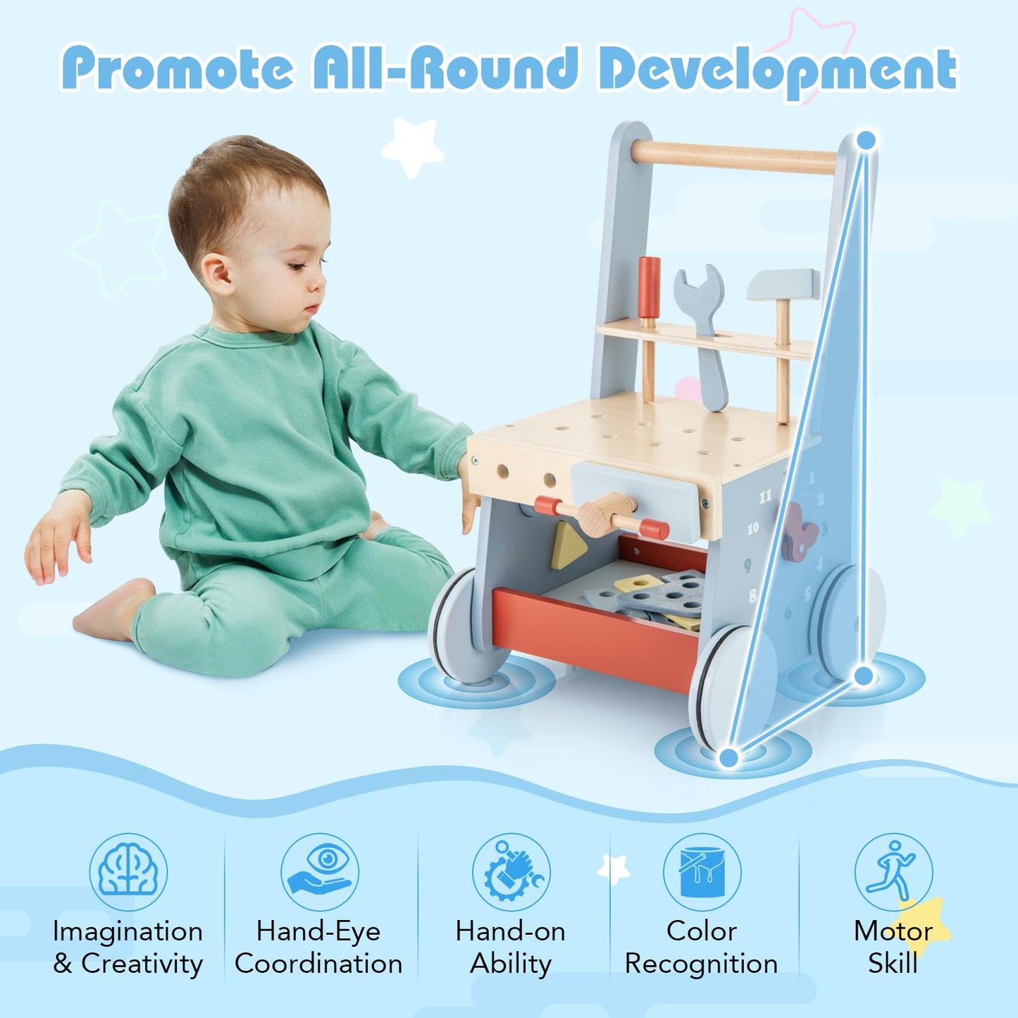 Wooden 2 in 1 Baby Walker and Toy Tool Bench with Activity Center