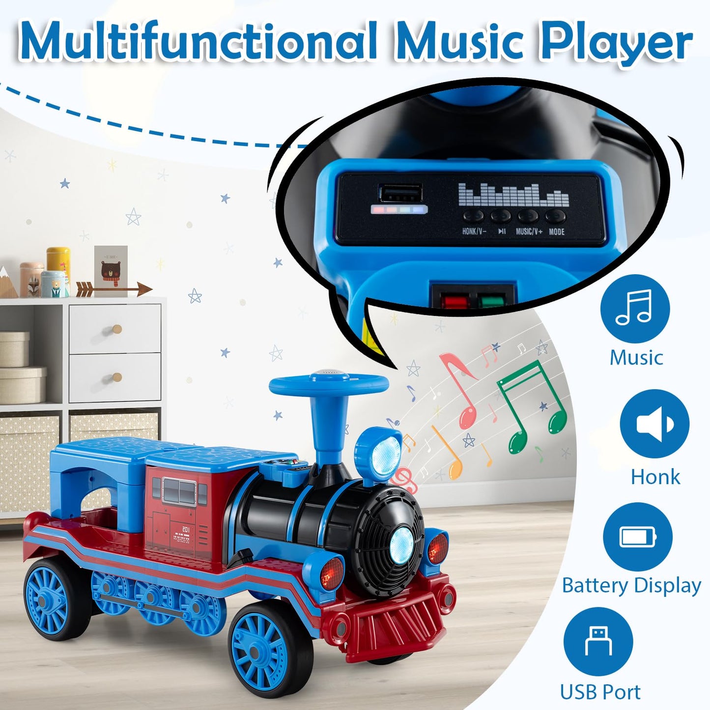 3-Seater Ride on Train Set Trackless with 2 Removable Chairs and Train Whistle