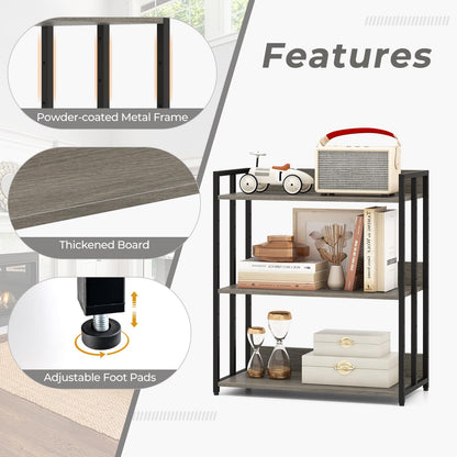 3 Tier Bookshelf with Adjustable Shelves and Metal Frame