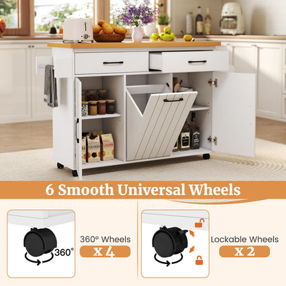 Mobile Kitchen Island with Trash Can Storage with 2 Drawers