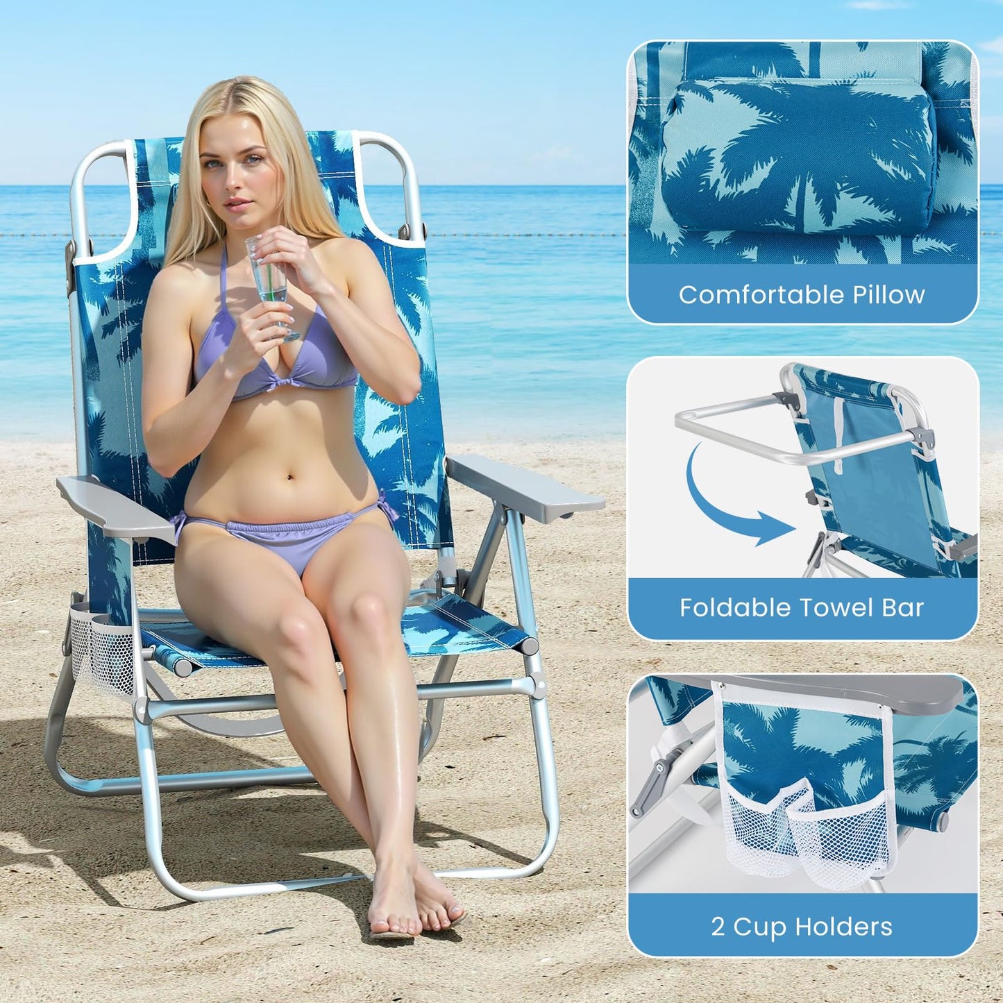 2-Pack Beach Chairs 5-Position Adjustable Folding Chair with Towel Bar