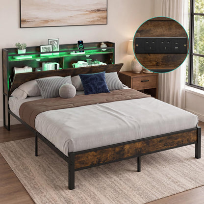 King Size Bed Frame with LED Lights, Charging Station,5ft-150x200cm