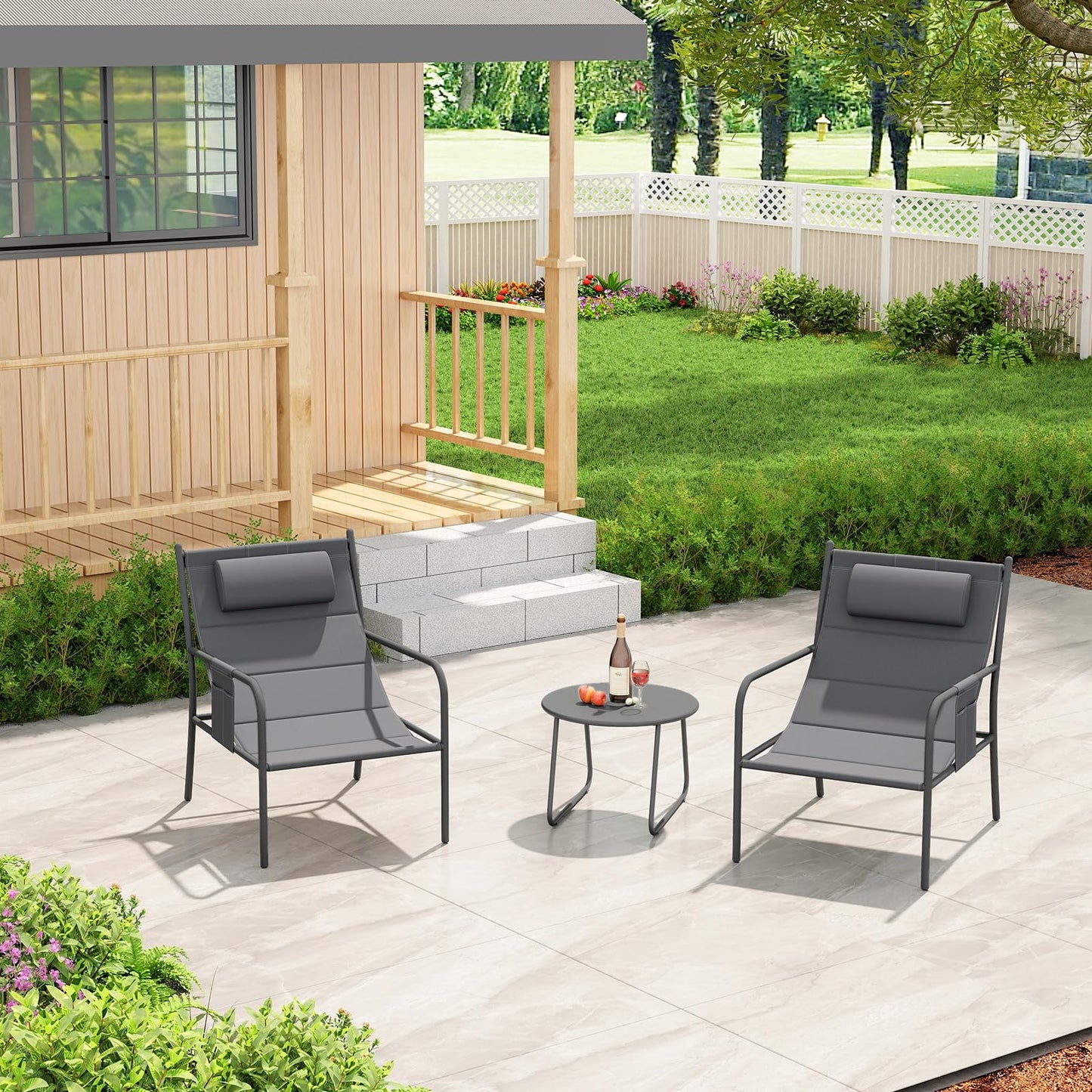 Metal Frame Chair and Coffee Table Set with Cozy Headrest & Storage Bag