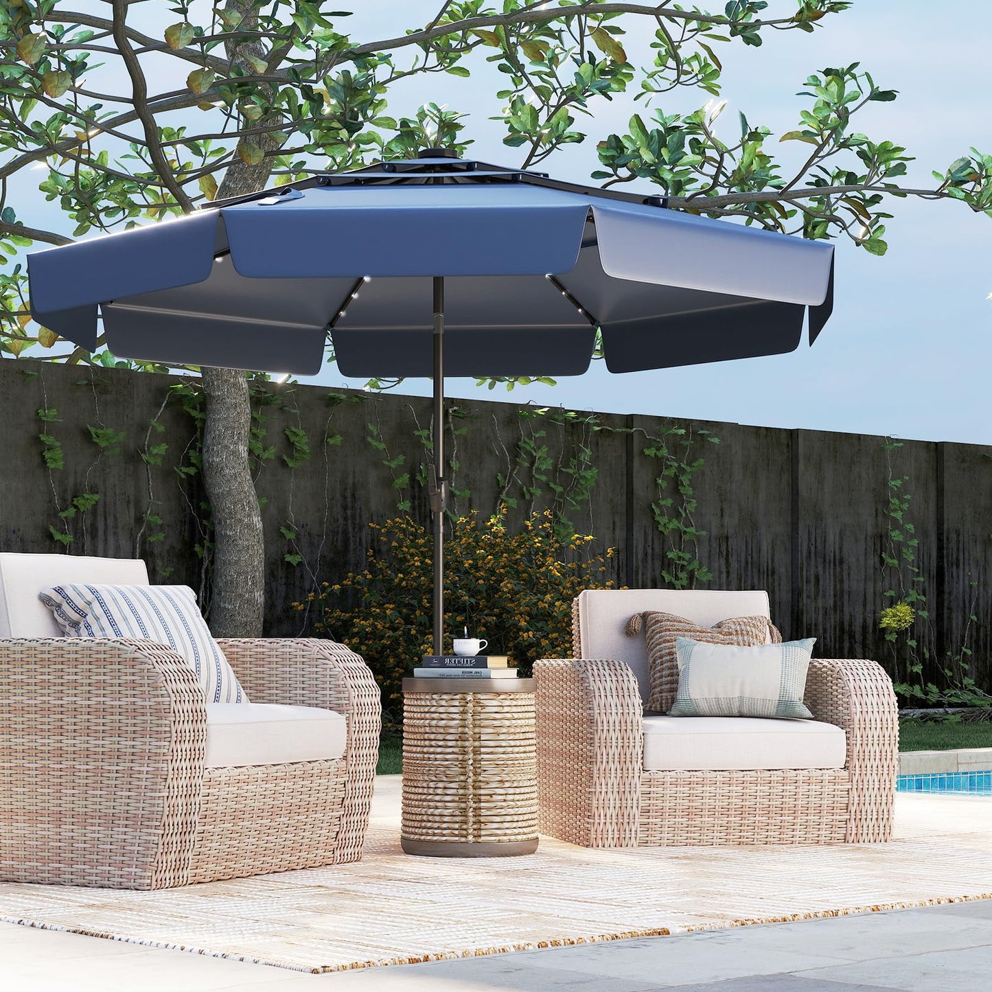 295 cm Solar Patio Umbrella with 32 LED Lights and 3-Tier Vented Top
