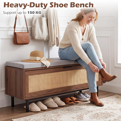 Shoe Storage Bench with Cushion and Flip-Down Rattan Door, Brow