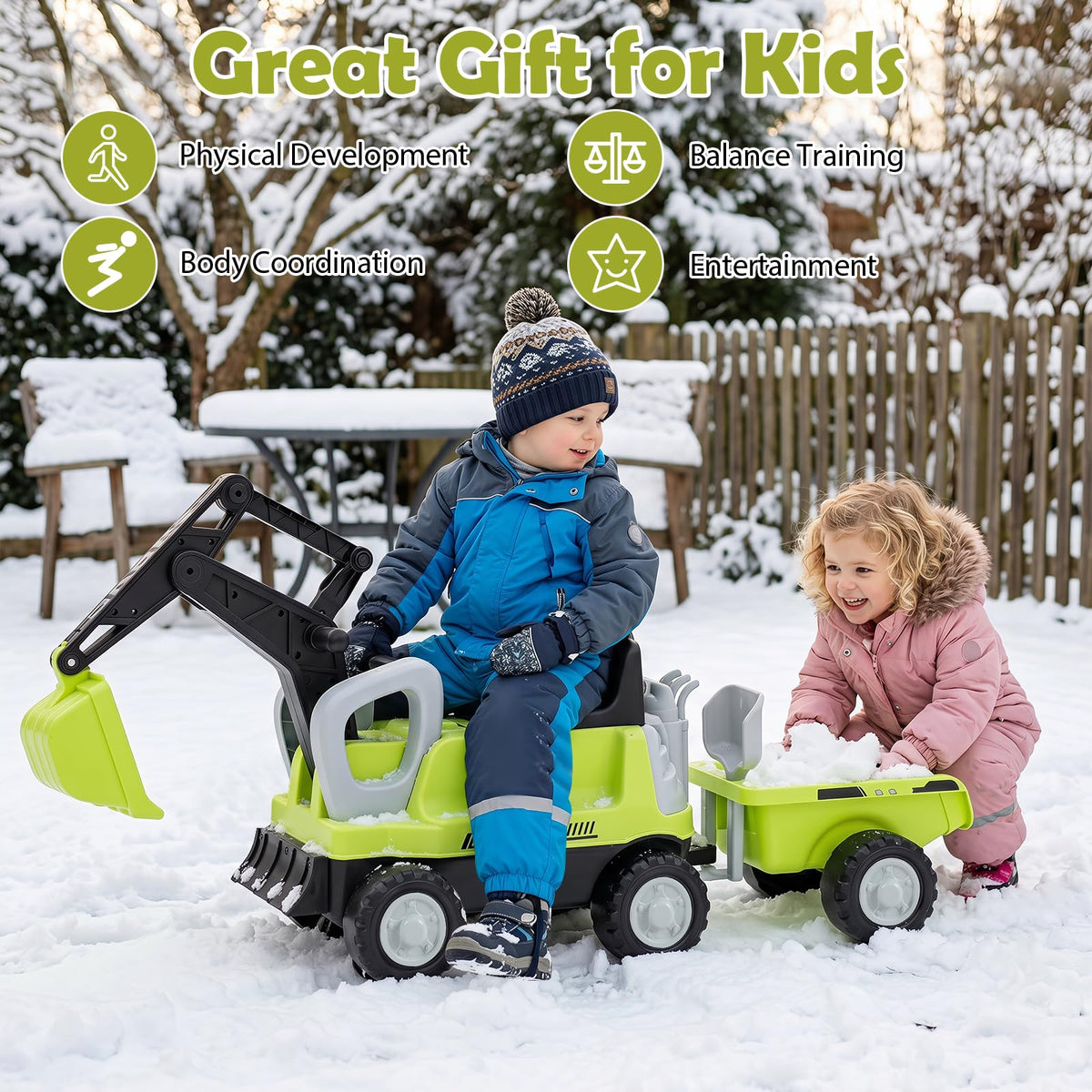 2-In-1 Ride on Push Car with Detachable Trailer and Rake Shovel for Ages 1.5-3