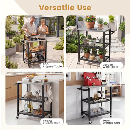 Outdoor Grill Cart on Wheels, Pizza Oven Stand Serving Trolley with Stainless Steel Top, Handle and Hooks