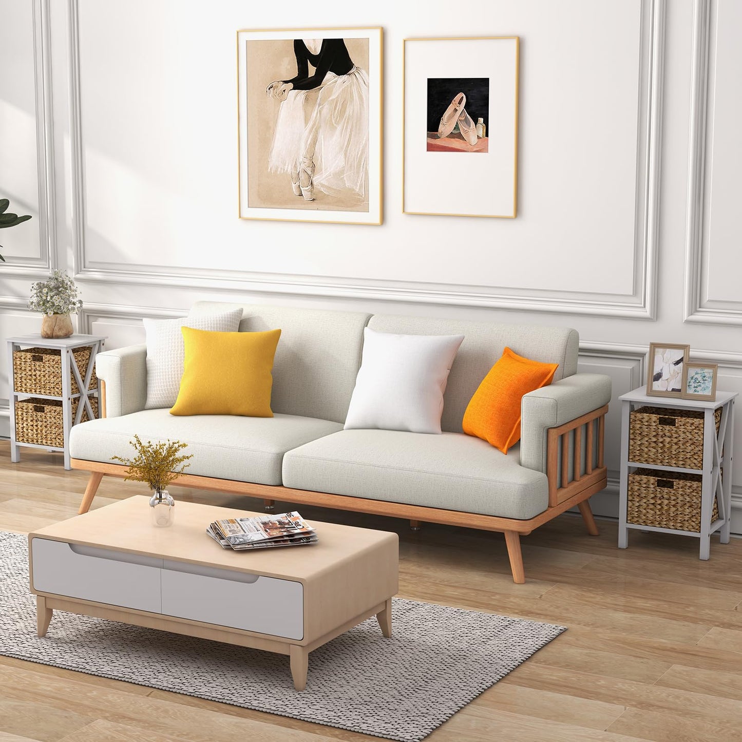 Sofa Side Table with Seagrass Baskets and Rubber Wood X-Shaped Frames and Acacia Wood Legs