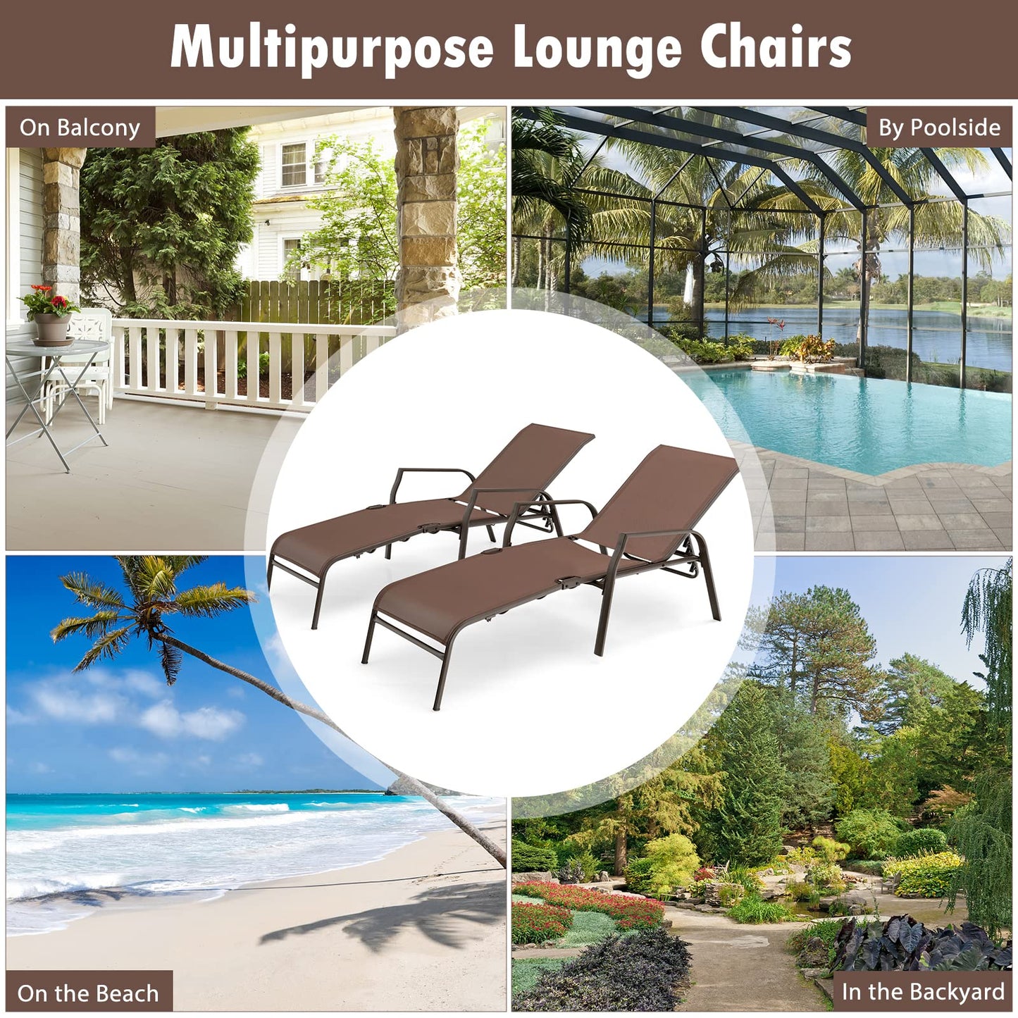 5 Positions Adjustable Stackable Folding Deck Reclining Chair Set of 2