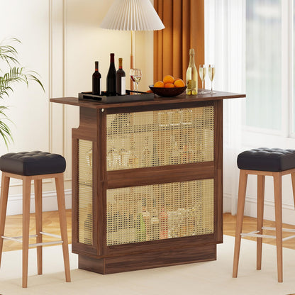 Bar Table, 4-Tier Rattan Bar Cabinet with RGB LED Light