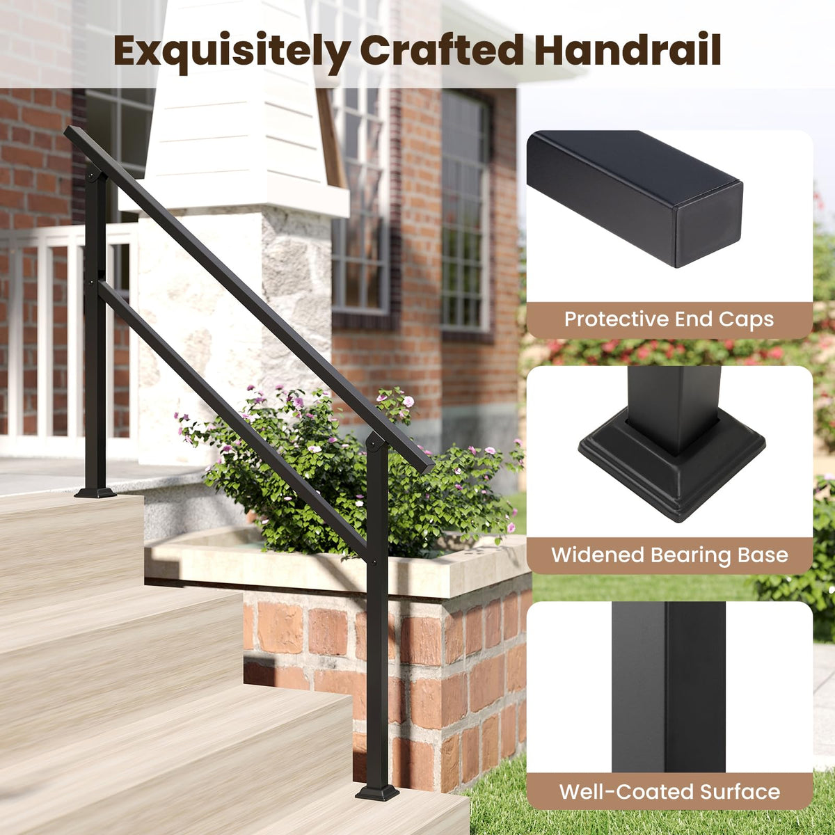 Handrail for Outdoor Steps Fits 4 Steps with Flexible Angle Adjustment