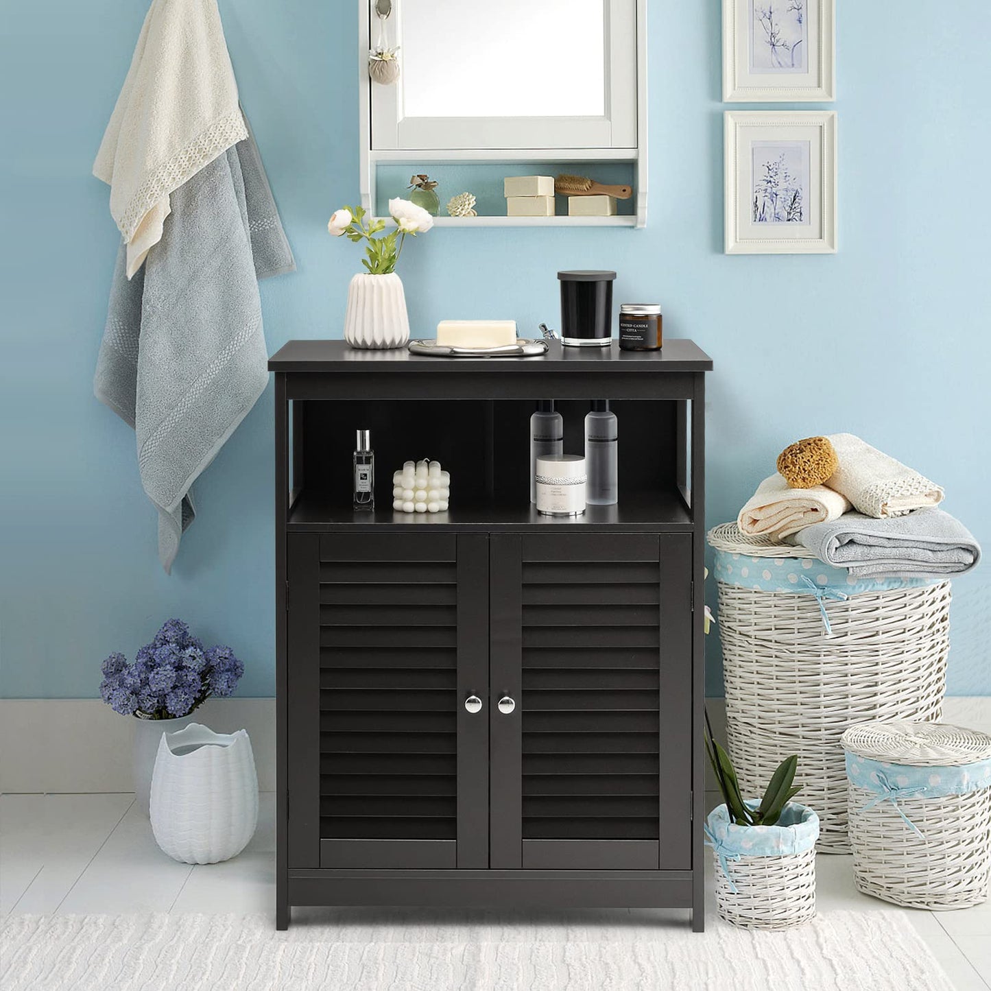 Bathroom Floor Cabinet, Wooden Freestanding Storage Cupboard with Double Shutter Door