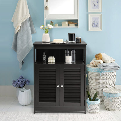 Bathroom Floor Cabinet, Wooden Freestanding Storage Cupboard with Double Shutter Door