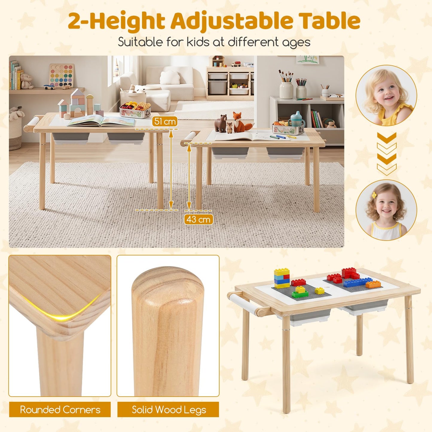 Sensory Table Set 3-Piece Kids Activity Table and Chair Set with Adjustable Height