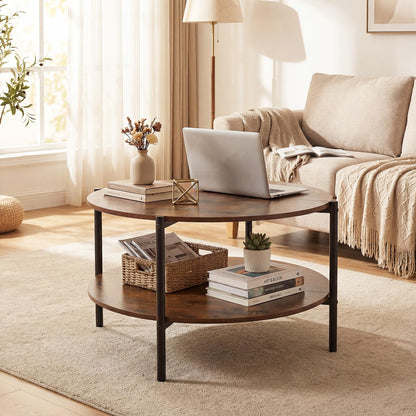 2-Tier Industrial Round Coffee Table with Open Storage Shelf