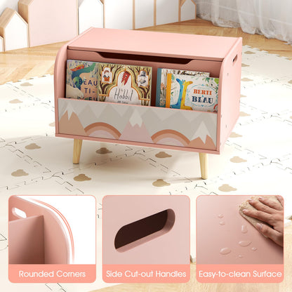 Wooden Toy Box, Kids Storage Chest with Flip-top Lid, Front Bookshelf