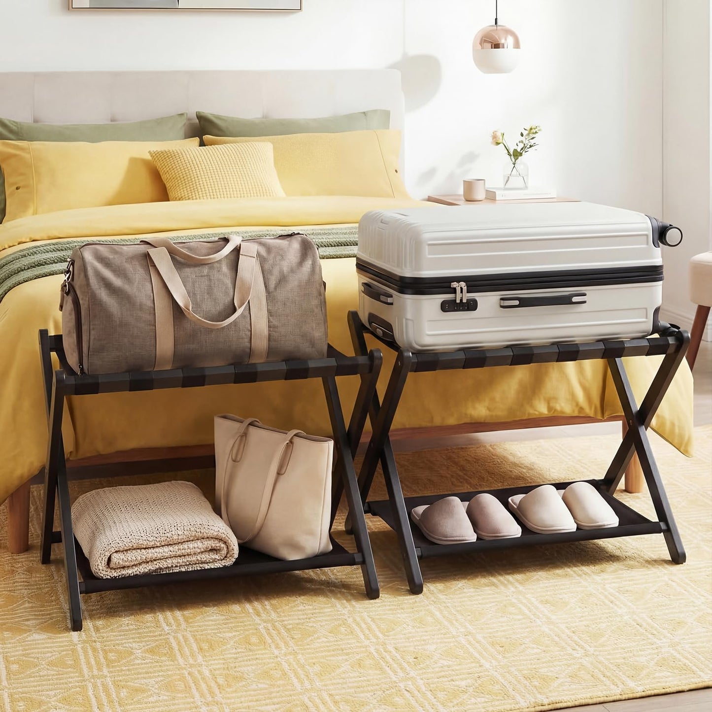 Folding Luggage Rack, Solid Rubber Wood Suitcase Stand with Storage Shelf