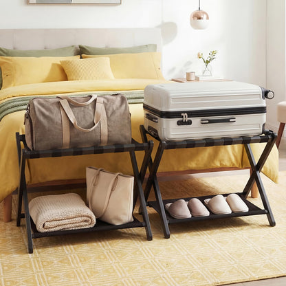 Folding Luggage Rack, Solid Rubber Wood Suitcase Stand with Storage Shelf