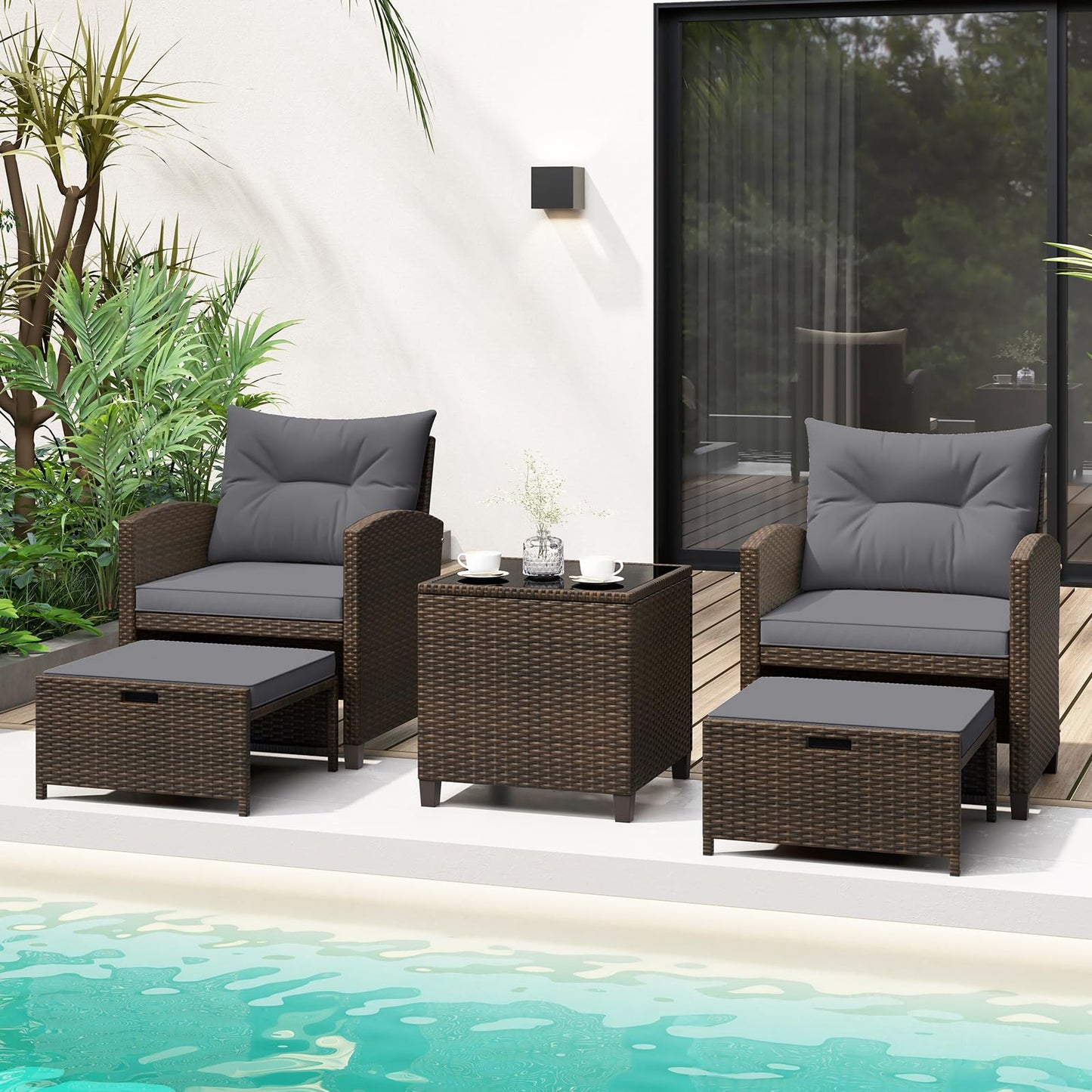 5-Piece Rattan Garden Furniture Set, Patio Conversation Set with 2 Chairs