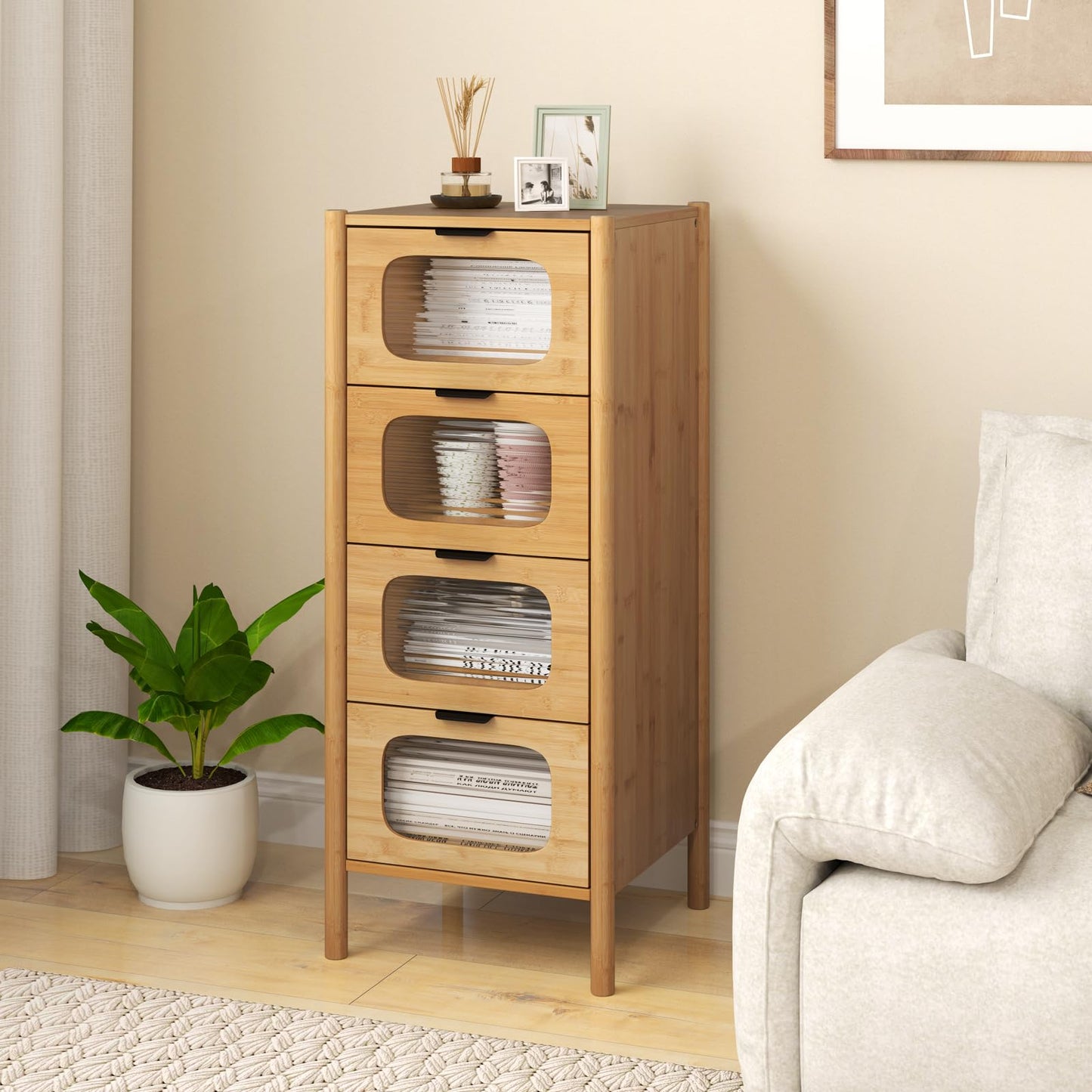 4 Drawer Dresser Bamboo Storage Cabinet with Fluted Tempered Glass Drawers
