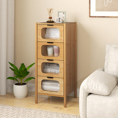 4 Drawer Dresser Bamboo Storage Cabinet with Fluted Tempered Glass Drawers