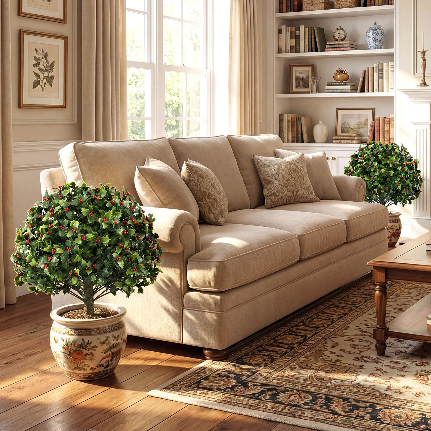 Set of 2 Faux Shrub Bushes with Ground Spikes （Red Berry）