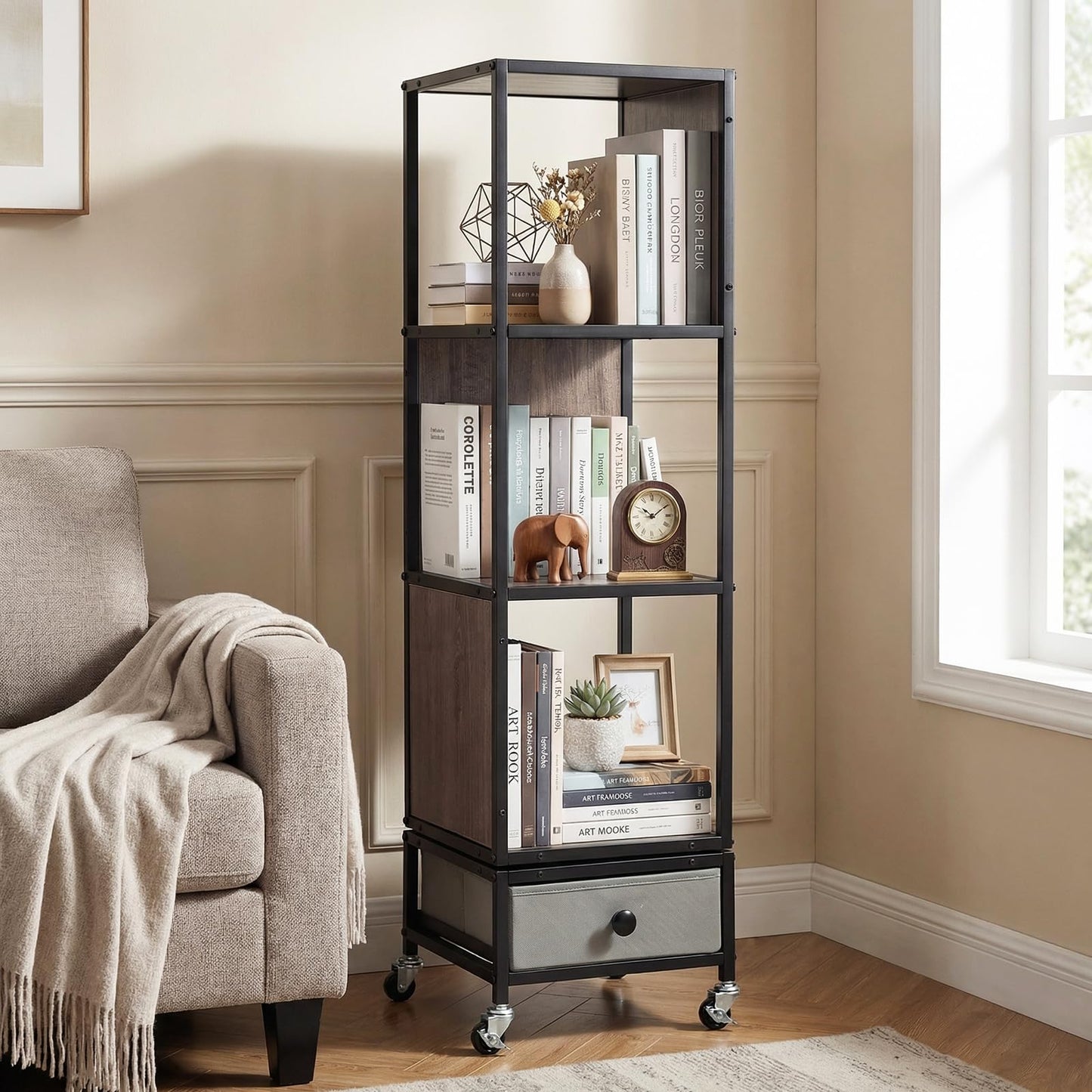 4-Tier Rotating Bookshelf, 360° Spinning Bookcase Tower with Wheels and Removable Fabric Storage Drawer