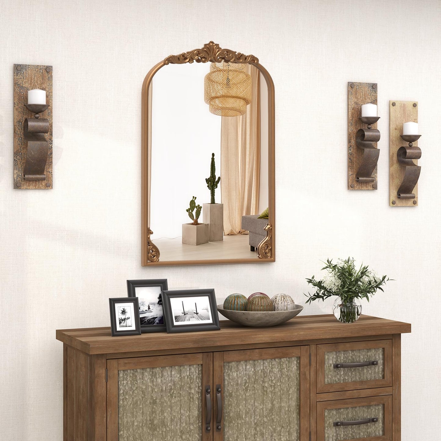 Decorative Wall Mirror, Baroque Ornate Arched Mirror with Hanging Hooks