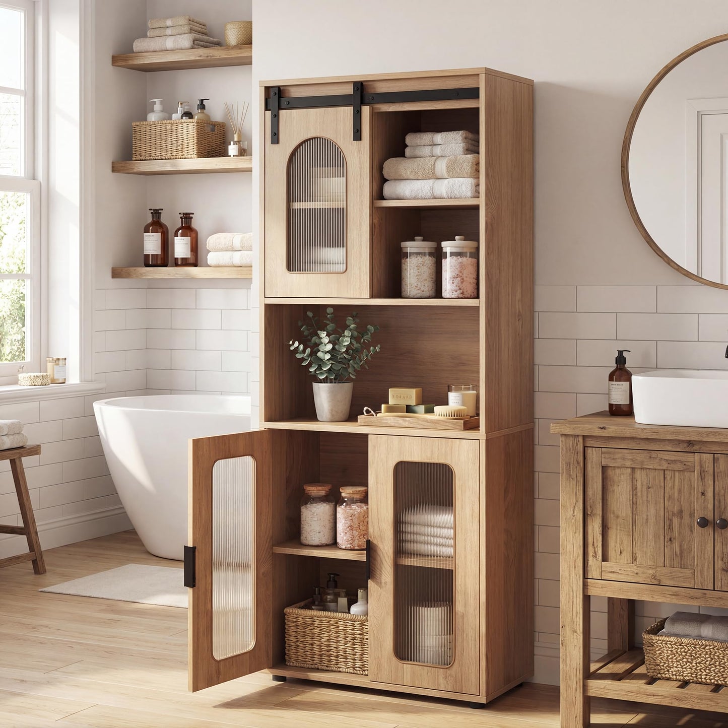 Bathroom Floor Cabinet with Shelves and Sliding Barn Door