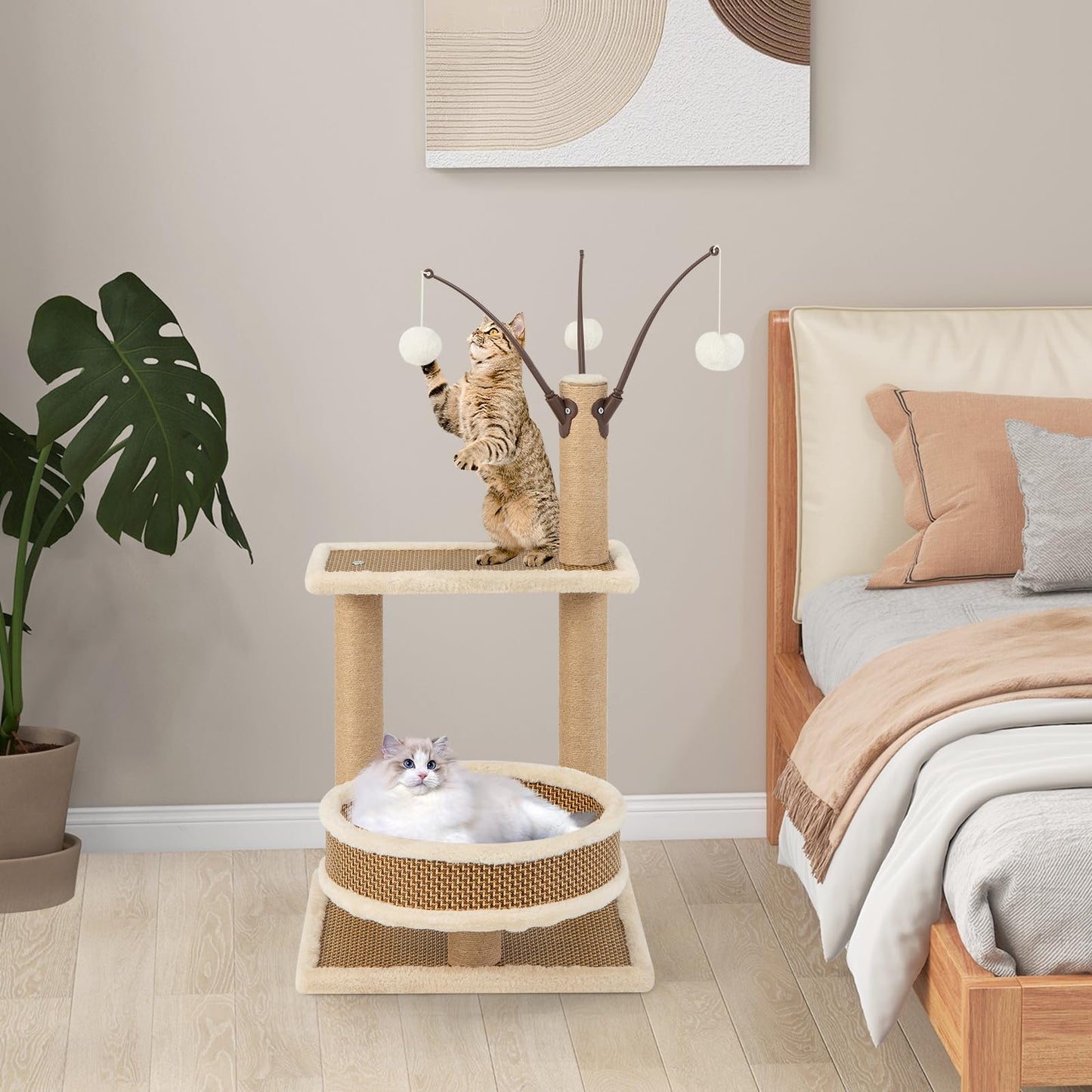 Modern Cat Tower with Rattan Mat and 3 Hanging Ball Toys