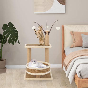 Modern Cat Tower with Rattan Mat and 3 Hanging Ball Toys