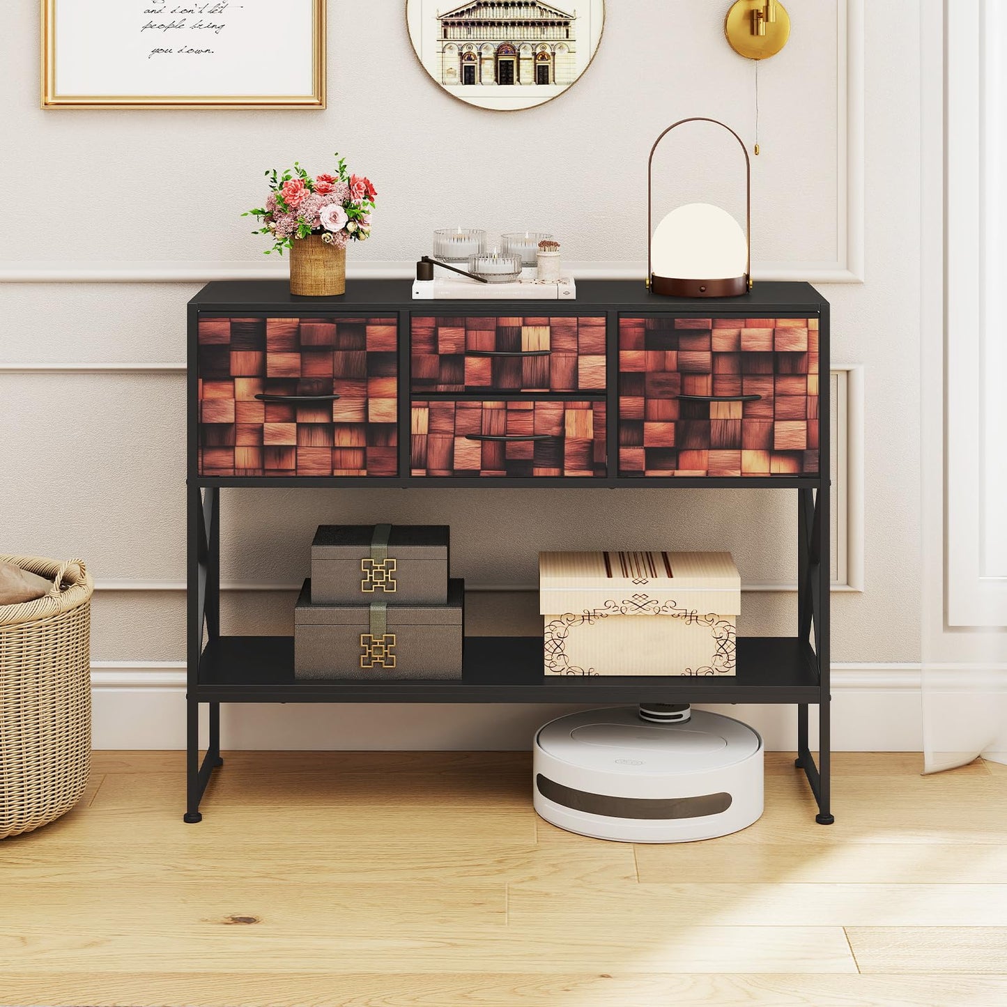 Console Table with 4 Fabric Drawers Shelf and Metal Frame