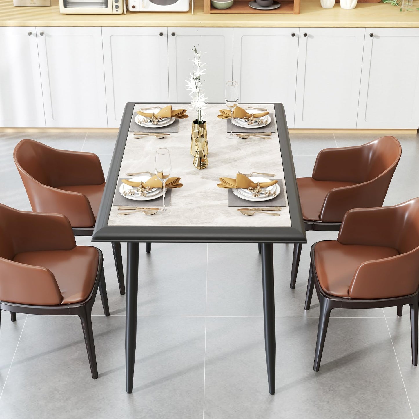 Giantex Dining Table 110 x 70cm Sintered Stone Rectangular Kitchen Tables with Faux Marble Tabletop