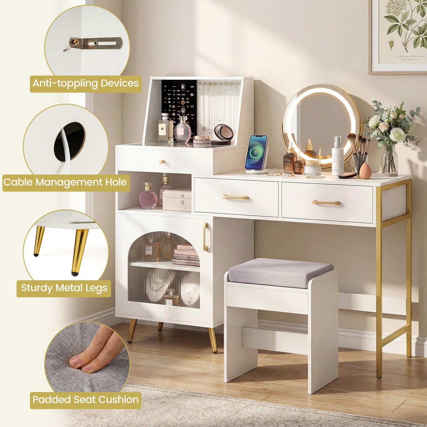 Dressing Table with 3-Color LED Lights Swivel Mirror and Stool