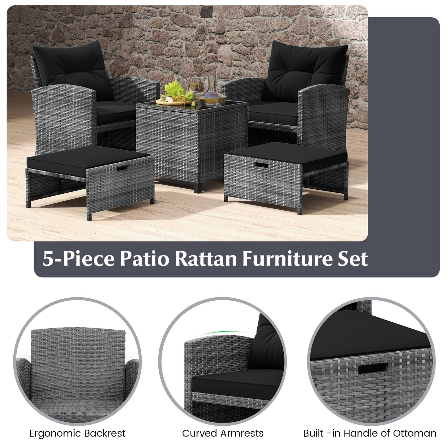 5-Piece Rattan Garden Furniture Set, Patio Conversation Set with 2 Chairs