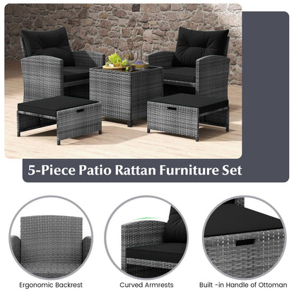 5-Piece Rattan Garden Furniture Set, Patio Conversation Set with 2 Chairs