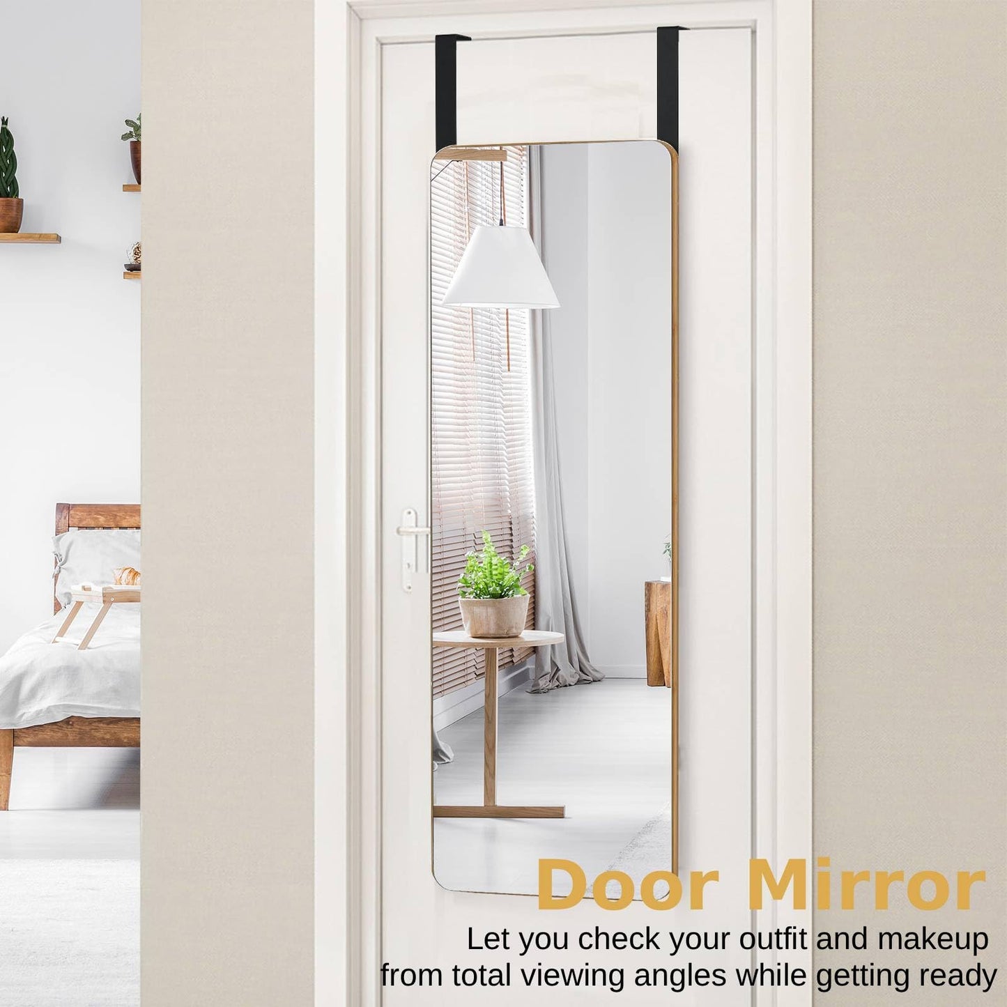 Rectangle Wall Mounted Mirror with Bamboo Frame and Round Corners