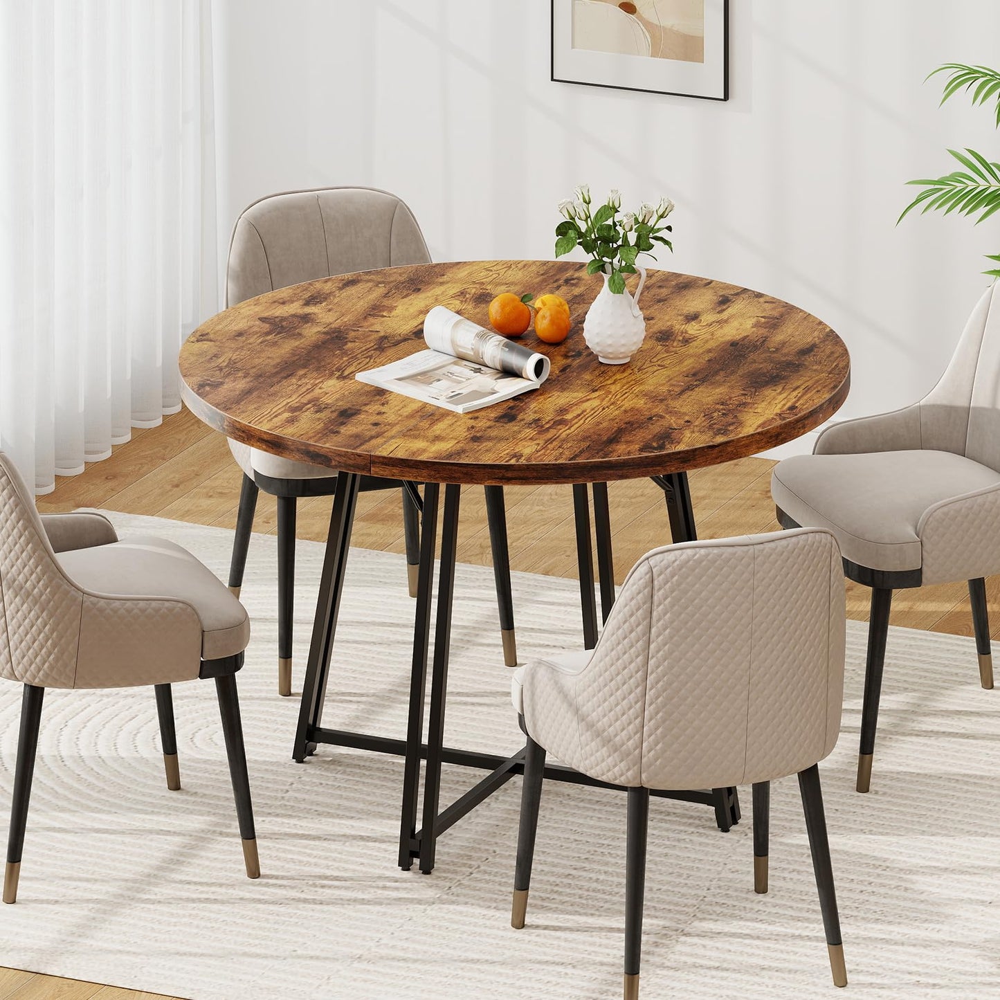 47 Inch Dining Table for 4-6 People Round Kitchen Table with 8 Metal Supporting Legs and Cross Base